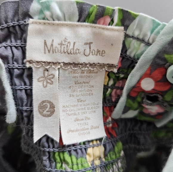 Matilda Jane Toddler Girl 2 Grey Floral Apron Dress Mixed Media Smocked Pink Dot - Picture 7 of 7